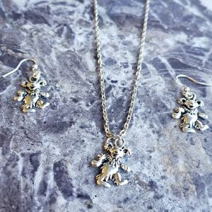 Greatful dead style teddy bear necklace and earring set